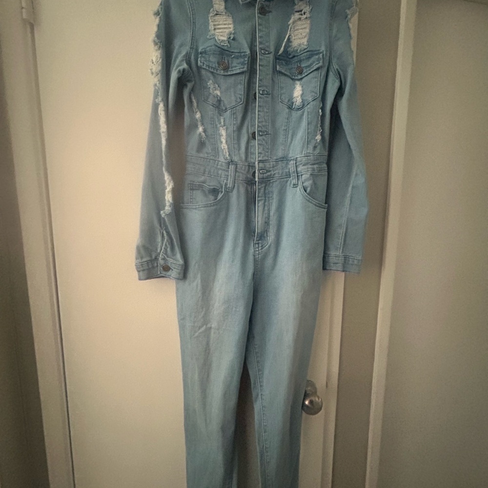 Fashion Nova Light Blue Distressed Denim Jumpsuit